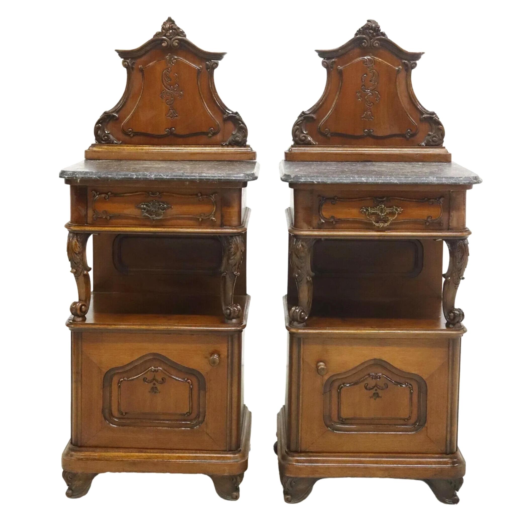 1800's Antique Rococo Style, Marble-Top, Mahogany, Foliat, NIghtstands, Set of 2 In Good Condition In Austin, TX