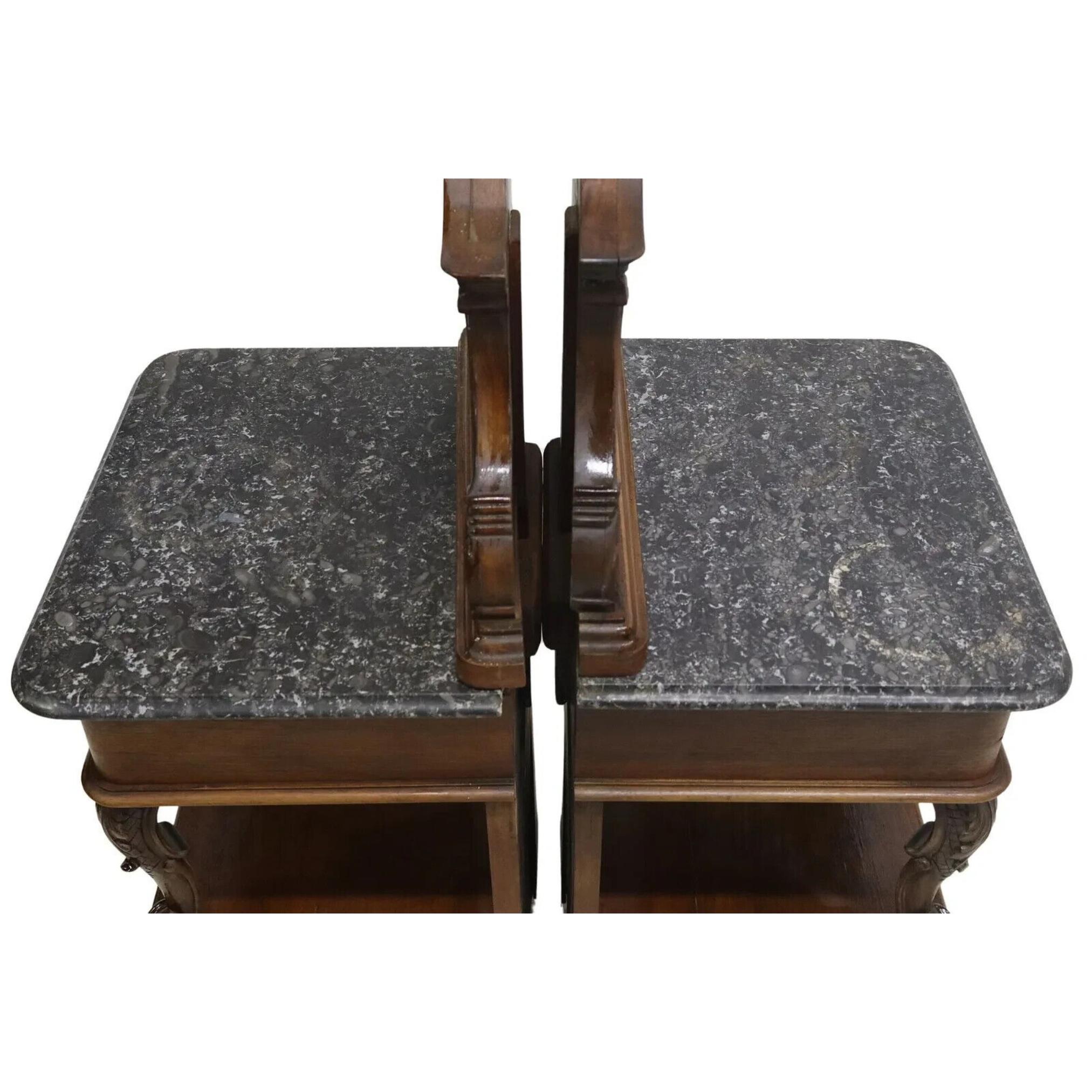 19th Century 1800's Antique Rococo Style, Marble-Top, Mahogany, Foliat, NIghtstands, Set of 2