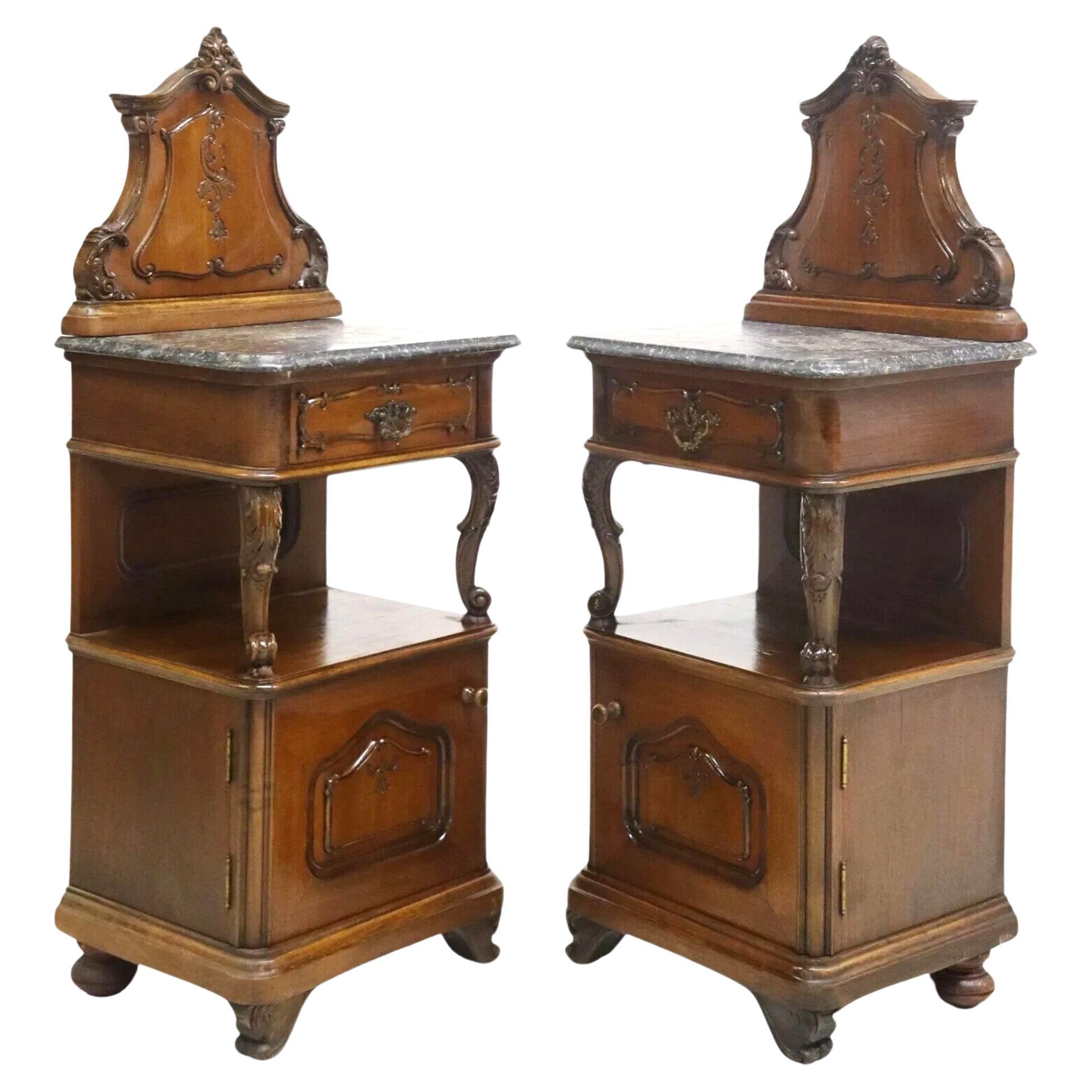 1800's Antique Rococo Style, Marble-Top, Mahogany, Foliat, NIghtstands, Set of 2
