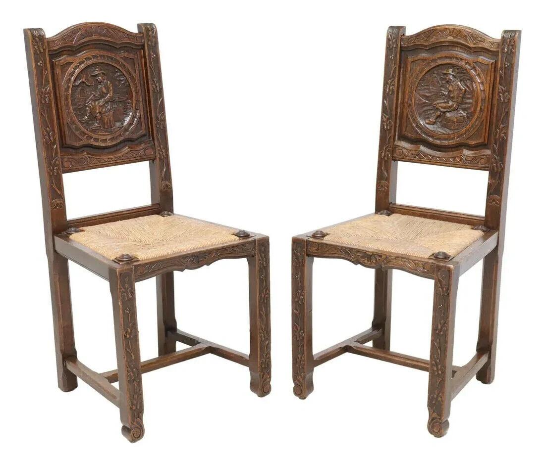 Charming Antique Chairs, Set of 6 French Breton, Carved Back, Figural & Floral, 19th Century, 1800s!  Beautiful carvings on the back on the chairs!

Set of Six French figural and floral carved back chairs, Brittany, 19th c., in oak with removable