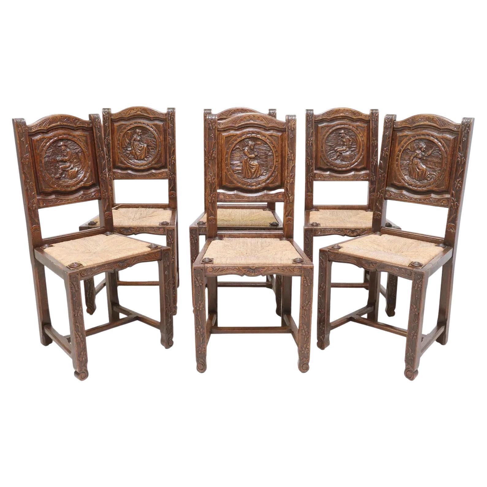 1800's Antique, Set of 6 French Breton, Carved, Oak, Figural & Floral, Chairs!