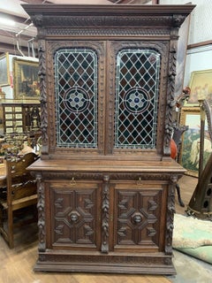1800s Antique Sideboard, Buffet Server, Dutch Stained Glass, Foliage