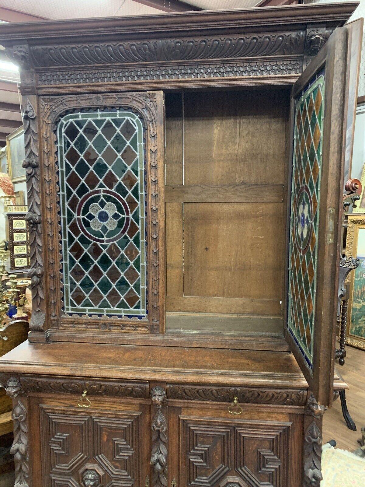1800s Antique Sideboard, Buffet Server, Dutch Stained Glass, Foliage For Sale 2