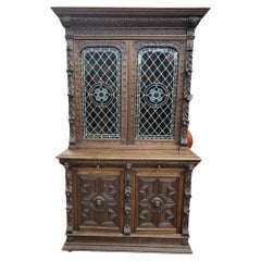 1800s Antique Sideboard, Buffet Server, Dutch Stained Glass, Foliage