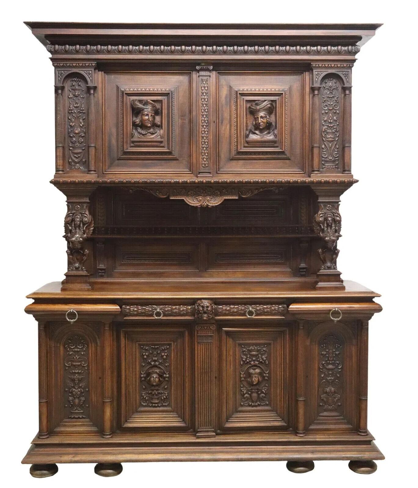 1800s Antique Signed, Chaput, French Ren Revival, Well-Carved Walnut, Sideboard! For Sale