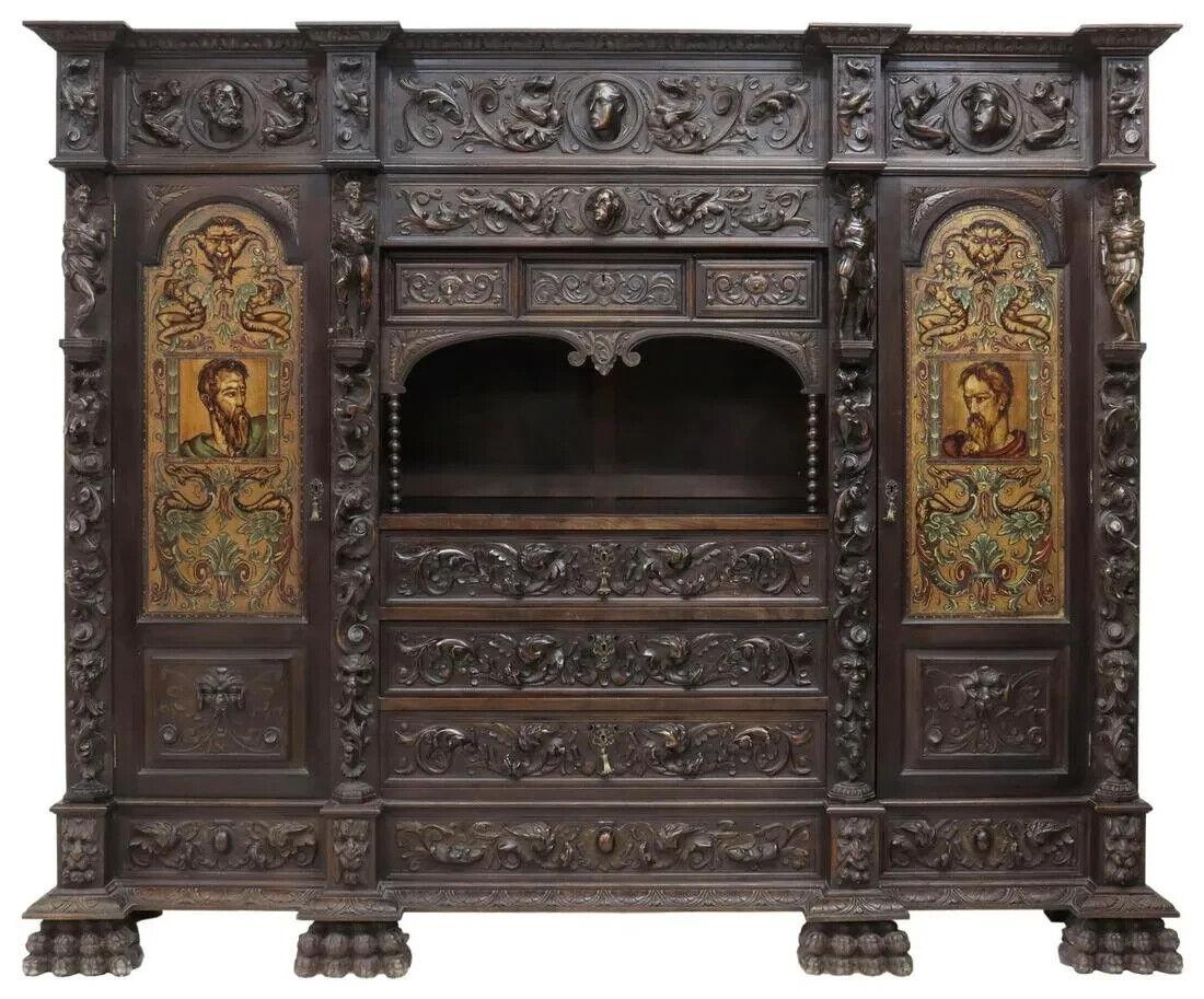 Absolutely Stunning Antique Bookcase, Spanish, Library, Highly Carved & Painted,  Walnut,  1800s, 19th Century!!

This antique Spanish bookcase is a true masterpiece, crafted with highly detailed carvings and painted with intricate patterns. Made of