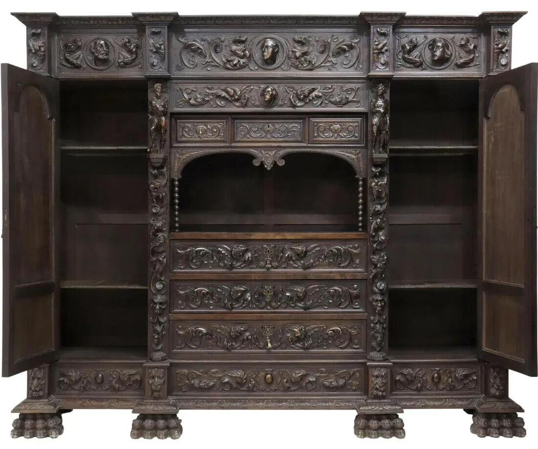 Other 1800's Antique Spanish, Library, Highly Carved & Painted, Walnut Bookcase!! For Sale