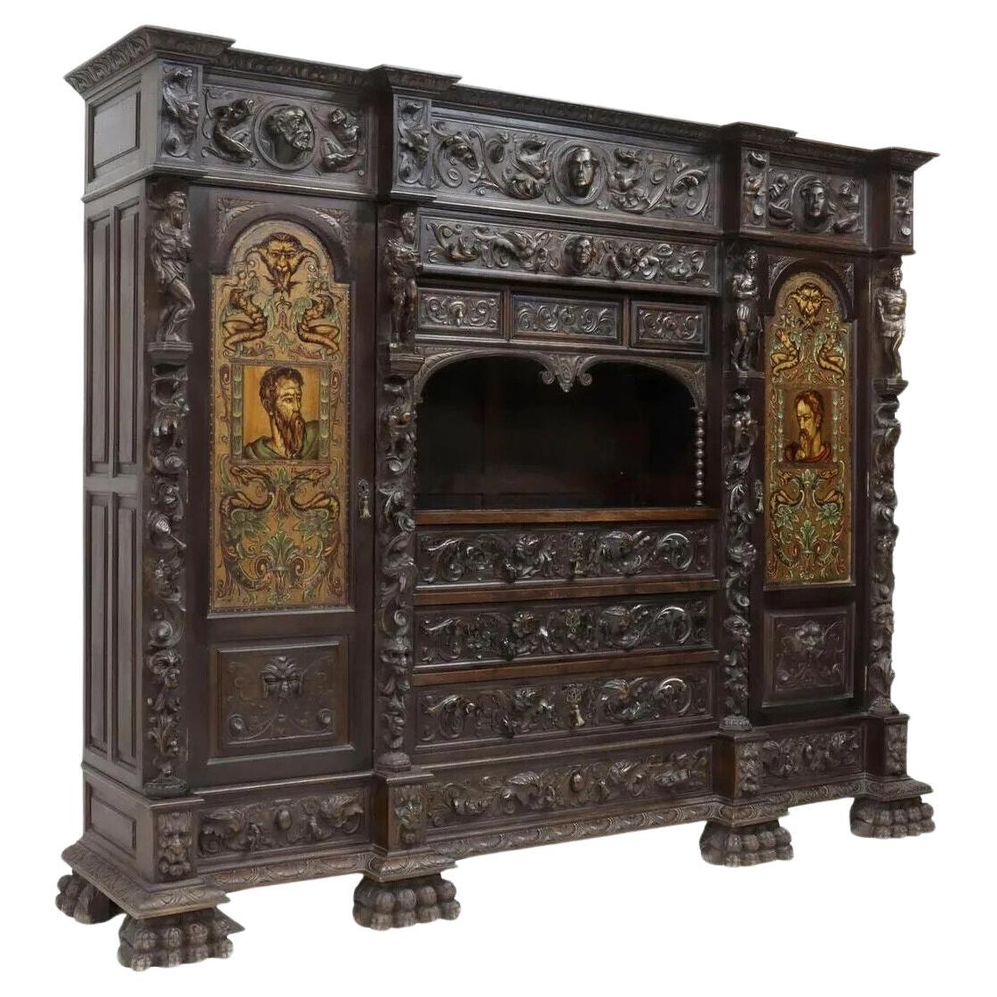 1800
s Antique Spanish, Library, Highly Carved 
Painted, Walnut Bookcase!!