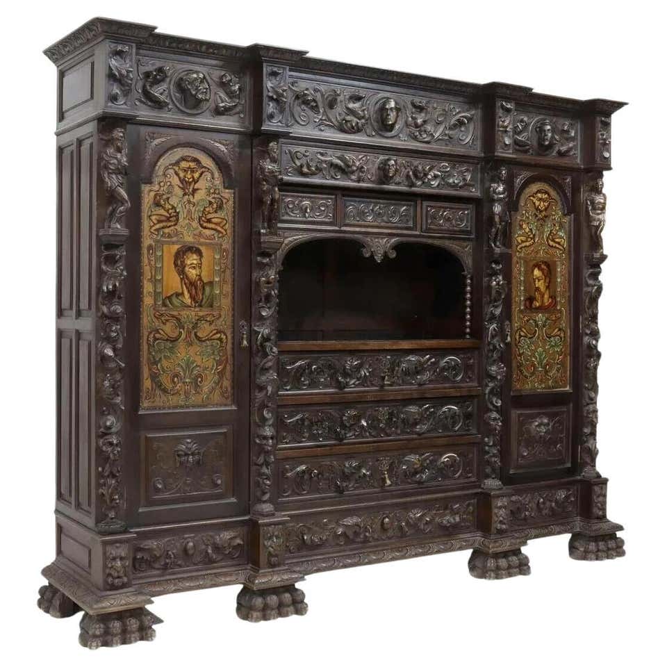 Library French Renaissance 1800's Antique Library, French Renaissance Revival, Carved Oak Bookcase ...