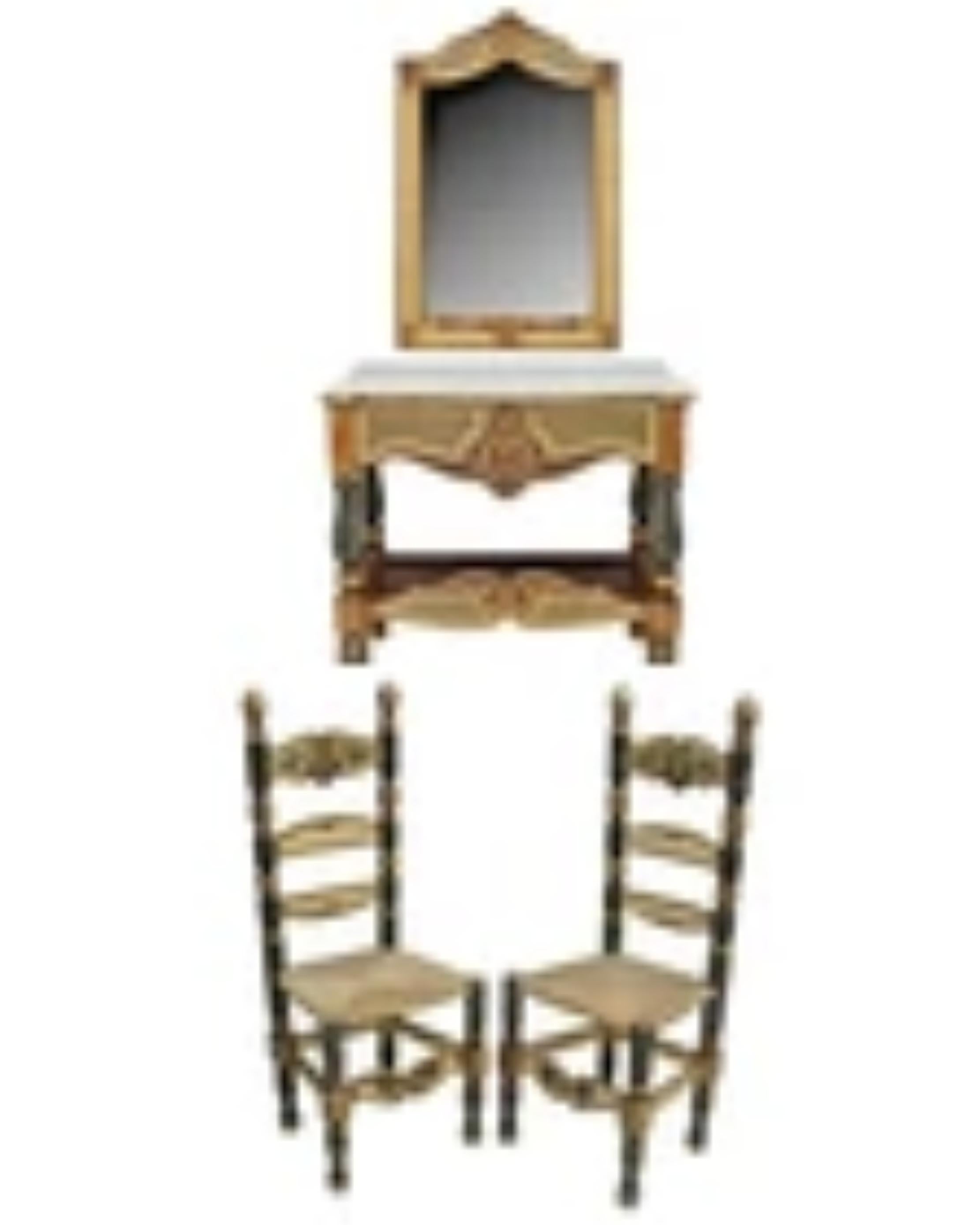 1800s Antique Spanish Mirror, 2 Chairs, Marble-Top Gilt Console Table, Set of 4!