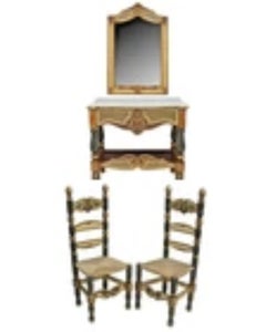 1800s Antique Spanish Mirror, 2 Chairs, Marble-Top Gilt Console Table, Set of 4!
