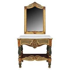 1800s Antique Spanish Mirror, 2 Chairs, Marble-Top Gilt Console Table, Set of 4!