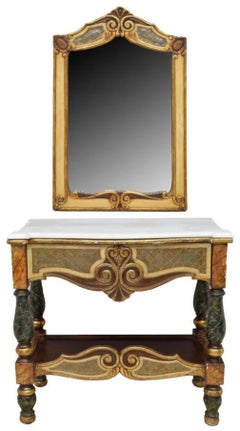 1800's  Antique Spanish Mirror, 2 Side Chairs, Gilt Console Table, Set of 4