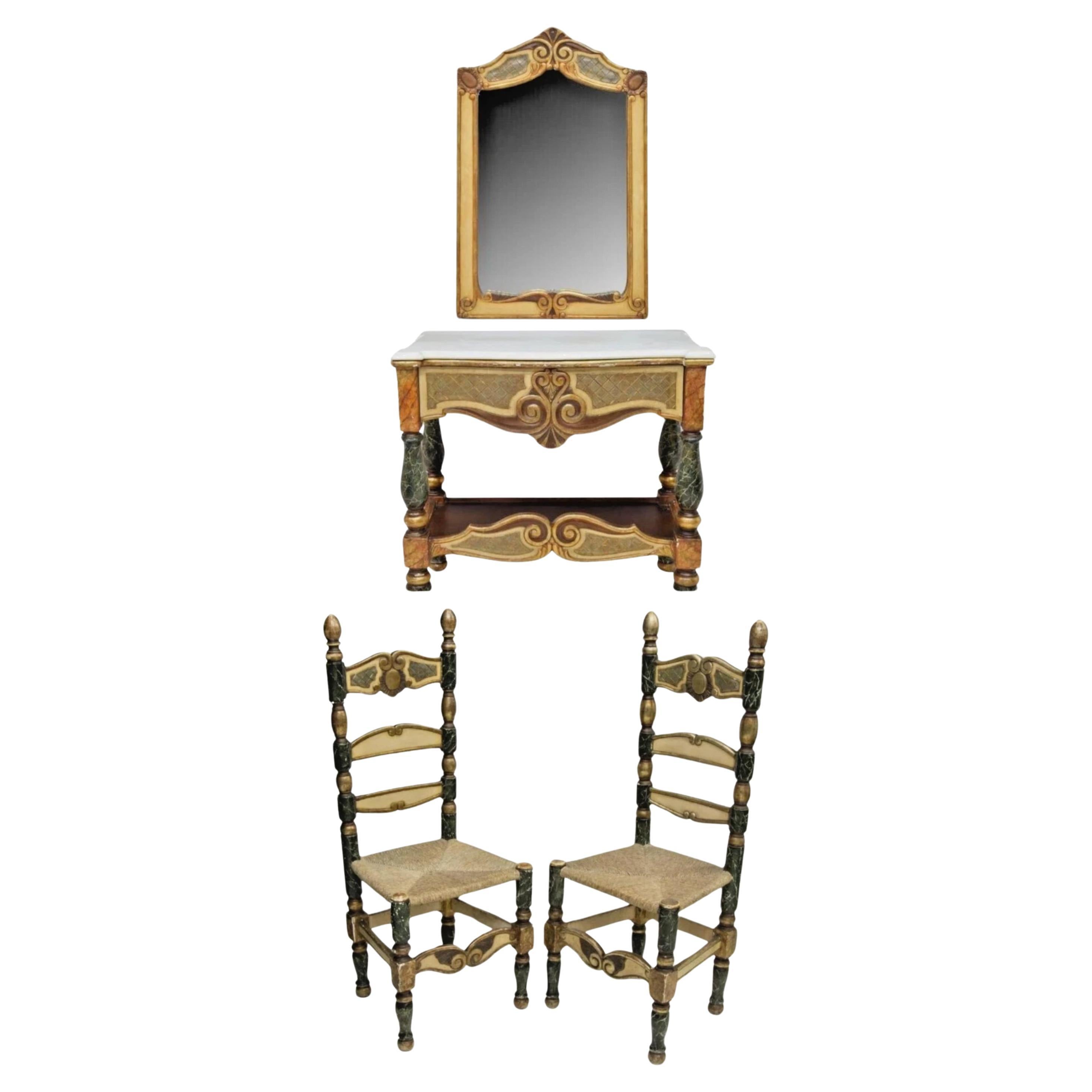 1800's  Antique Spanish Mirror, 2 Side Chairs, Gilt Console Table, Set of 4 For Sale