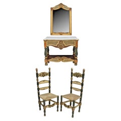 1800's  Antique Spanish Mirror, 2 Side Chairs, Gilt Console Table, Set of 4