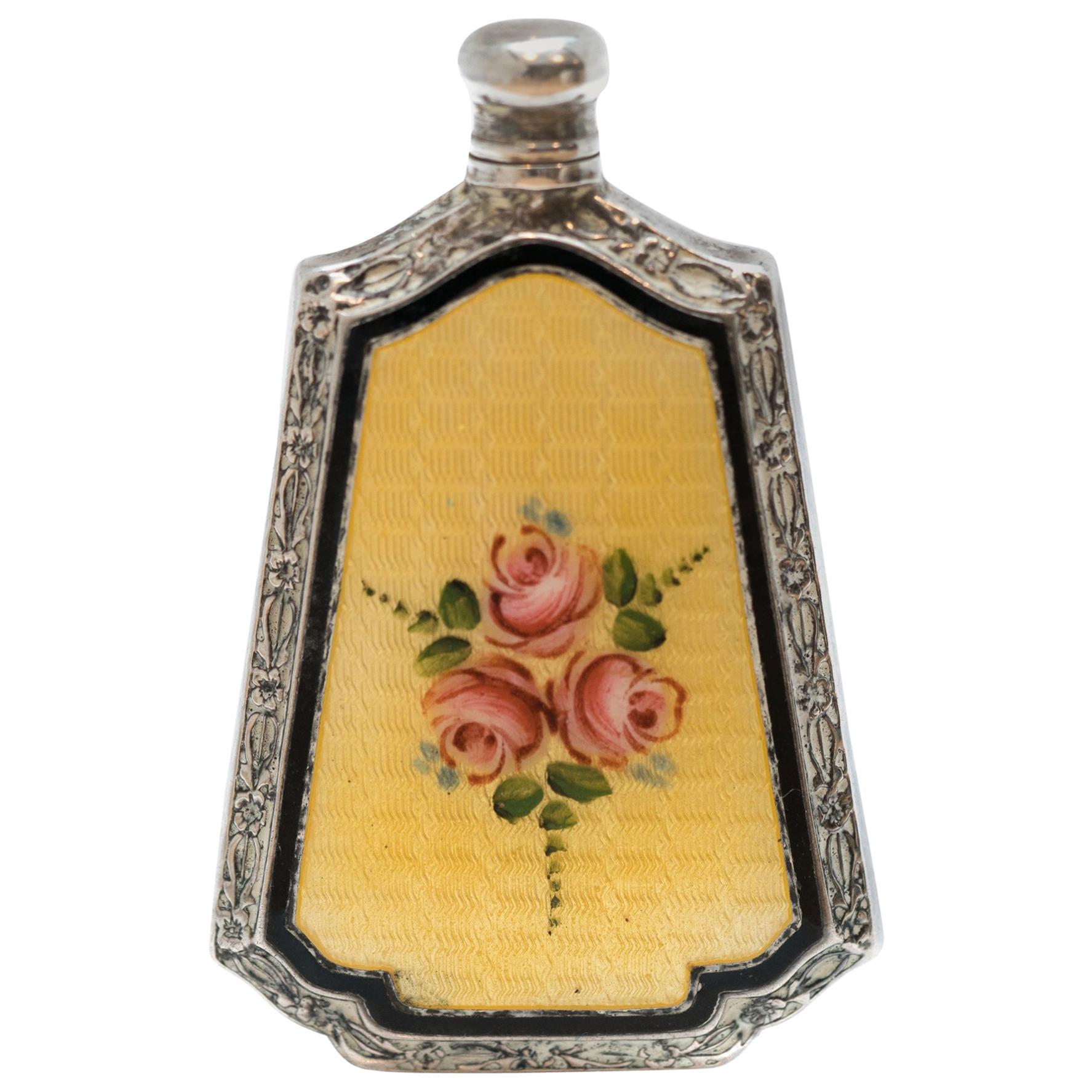 1800s Antique Sterling Silver and Guilloche Enamel Perfume Flask