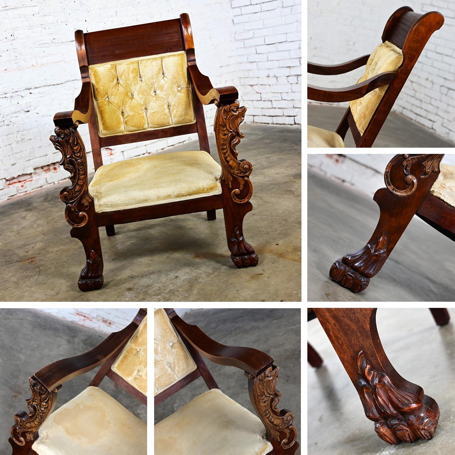 1800's Antique Victorian Mahogany Armchair Carved Figural Lion Heads & Claw Feet For Sale 5
