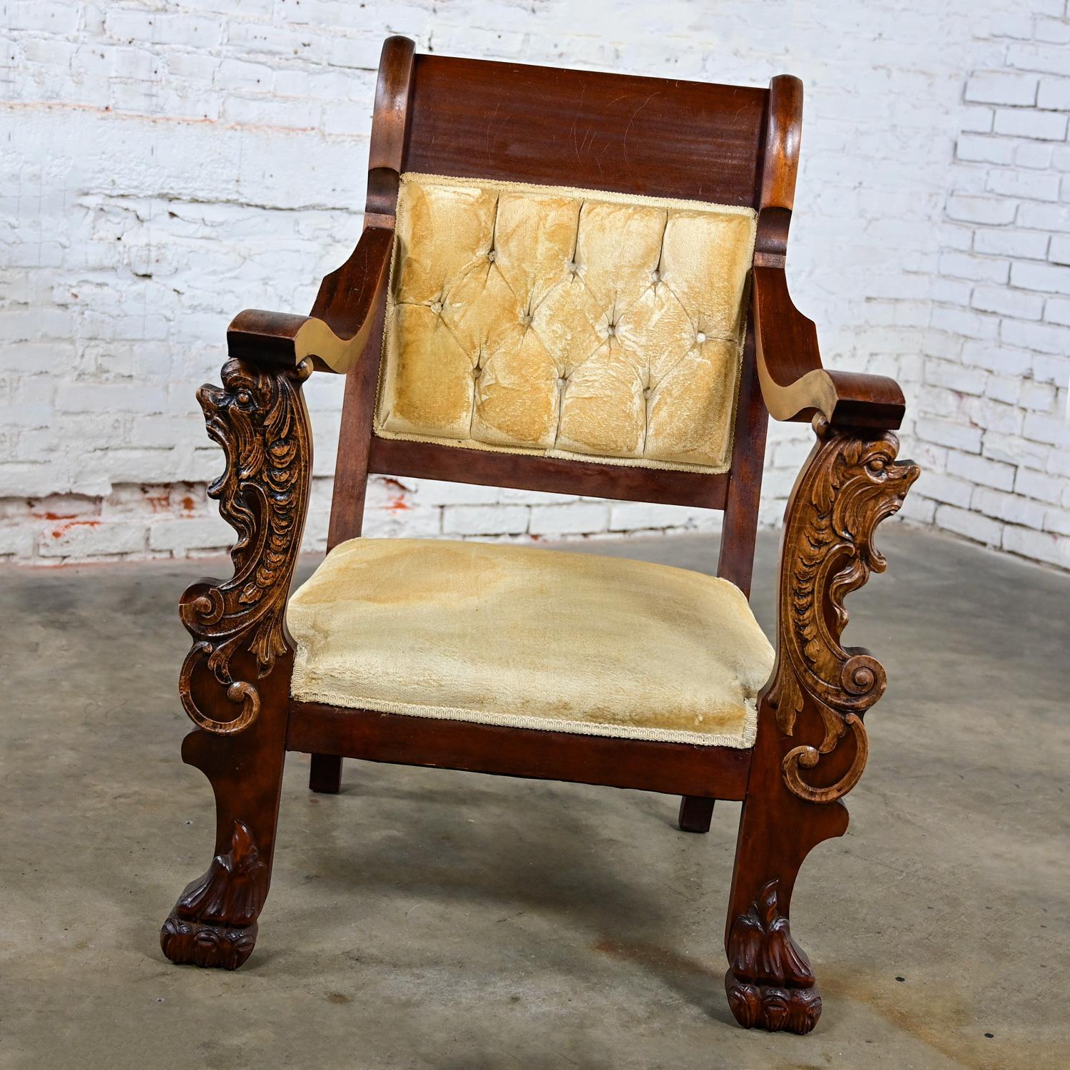 1800's Antique Victorian Mahogany Armchair Carved Figural Lion Heads & Claw Feet For Sale 10