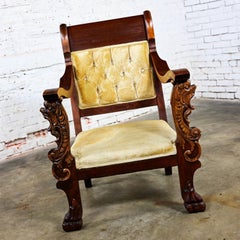 1800's Antique Victorian Mahogany Armchair Carved Figural Lion Heads & Claw Feet