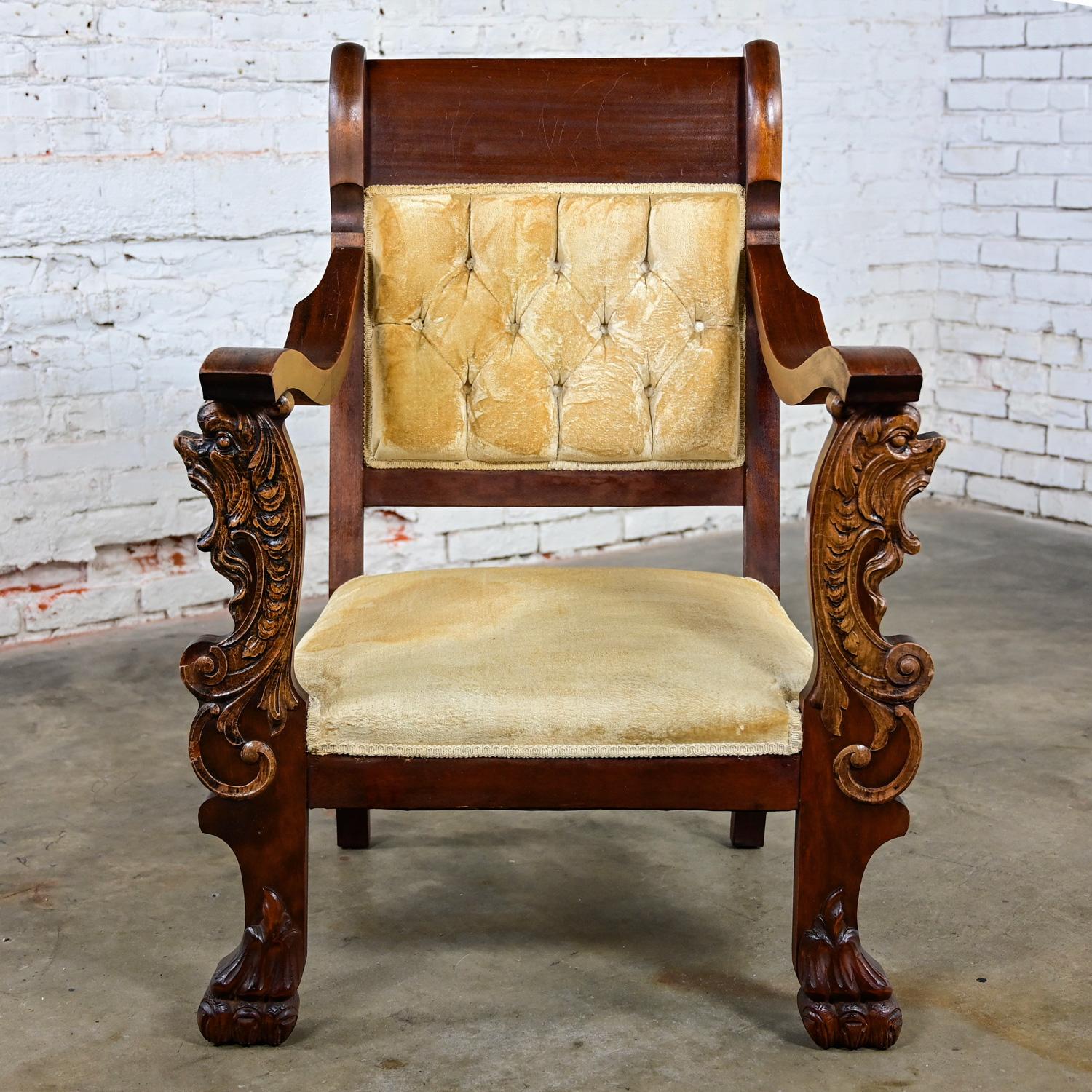 Unknown 1800's Antique Victorian Mahogany Armchair Carved Figural Lion Heads & Claw Feet For Sale