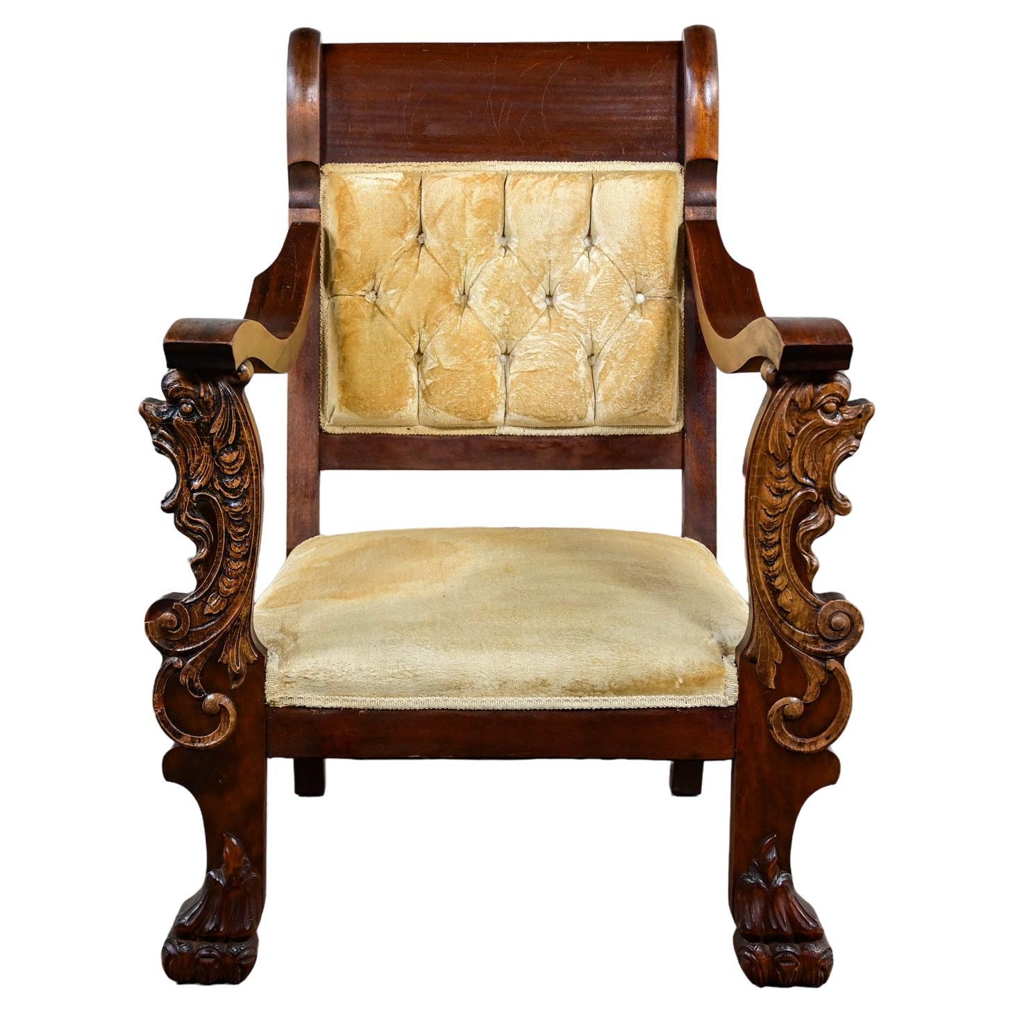 1800's Antique Victorian Mahogany Armchair Carved Figural Lion Heads & Claw Feet For Sale