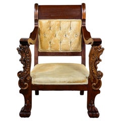 1800's Used Victorian Mahogany Armchair Carved Figural Lion Heads & Claw Feet
