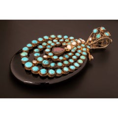 1800s Antique Victorian Onyx and Turquoise Locket, Foiled Garnet Locket