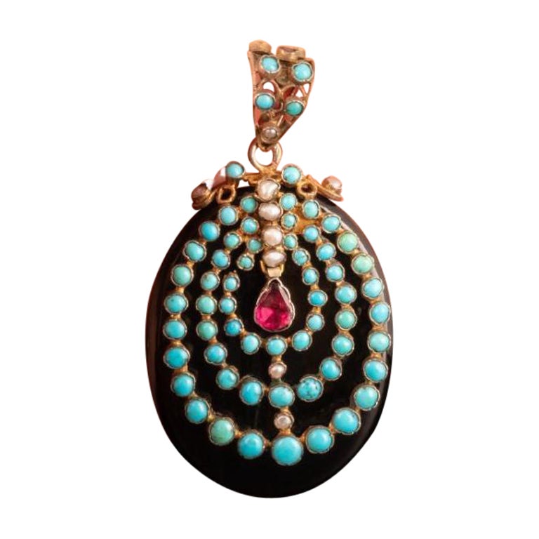 1800s Antique Victorian Onyx and Turquoise Locket, Foiled Garnet Locket