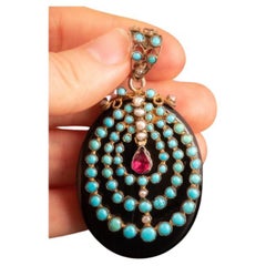 1800s Antique Victorian Onyx and Turquoise Locket, Foiled Garnet Locket