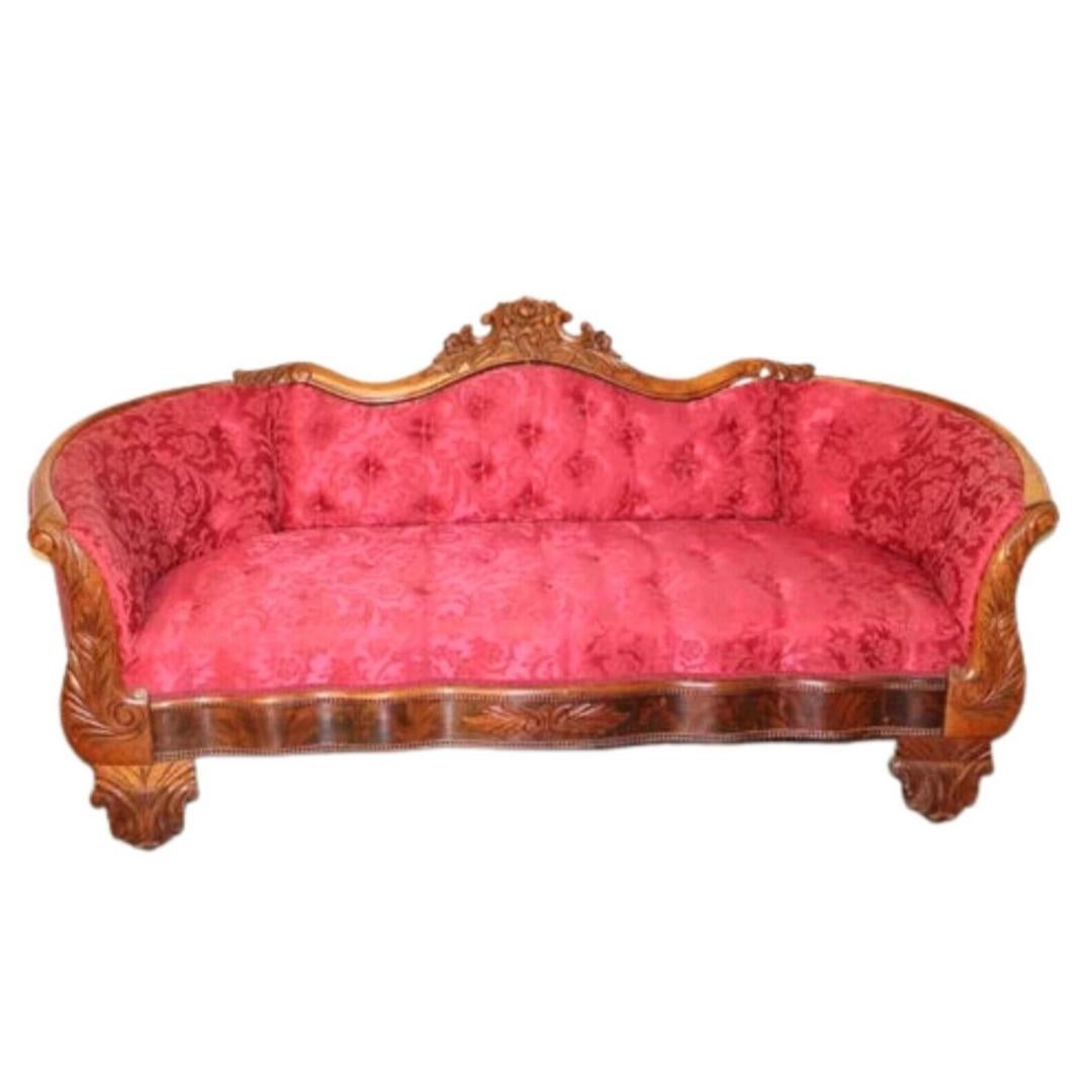 Carved 1800s Antique Victorian, Transitional, Newly Upholstered Sofa