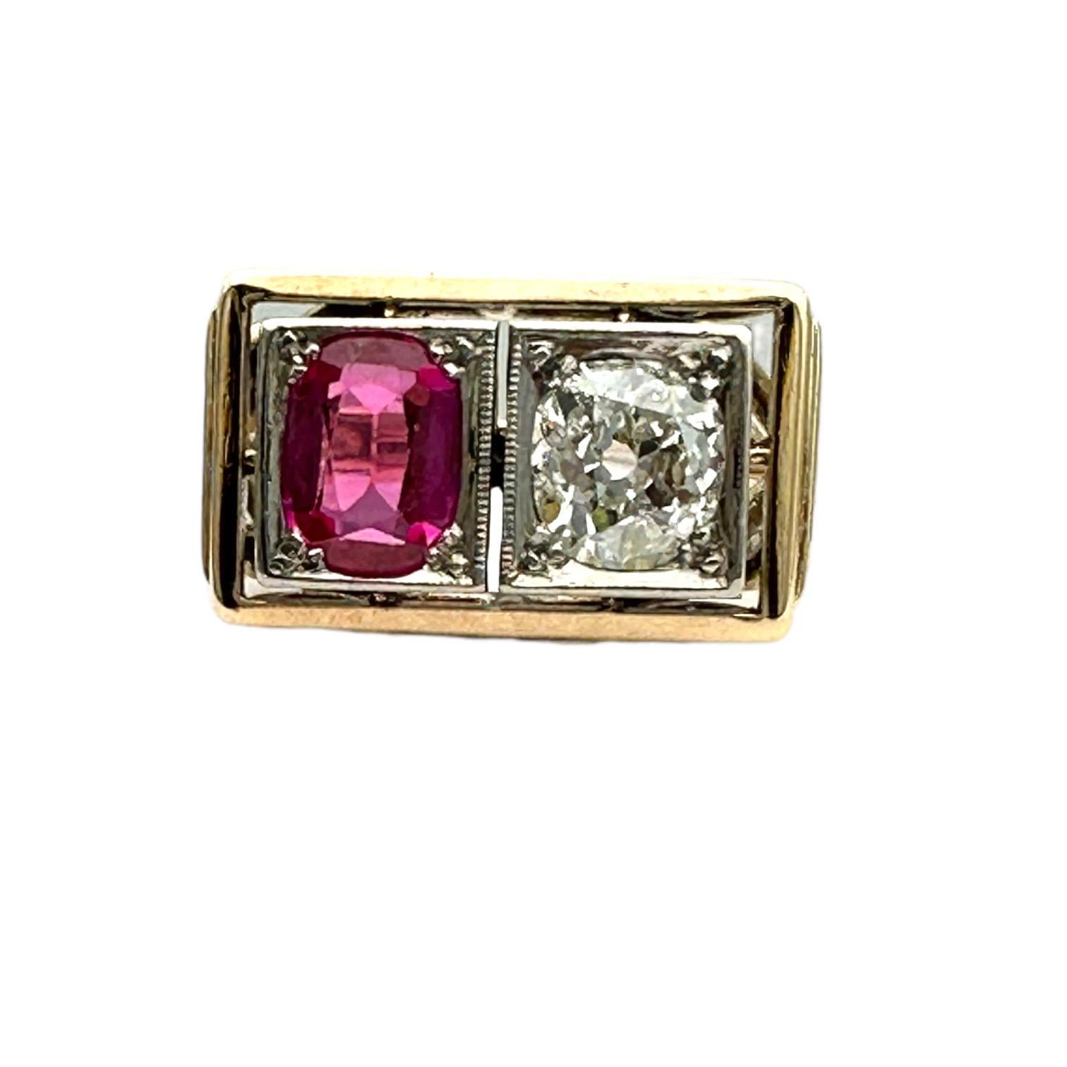 1800's Art Deco Old Miners Cut Diamond & Ruby 2.20 Carat Ring For Sale 4