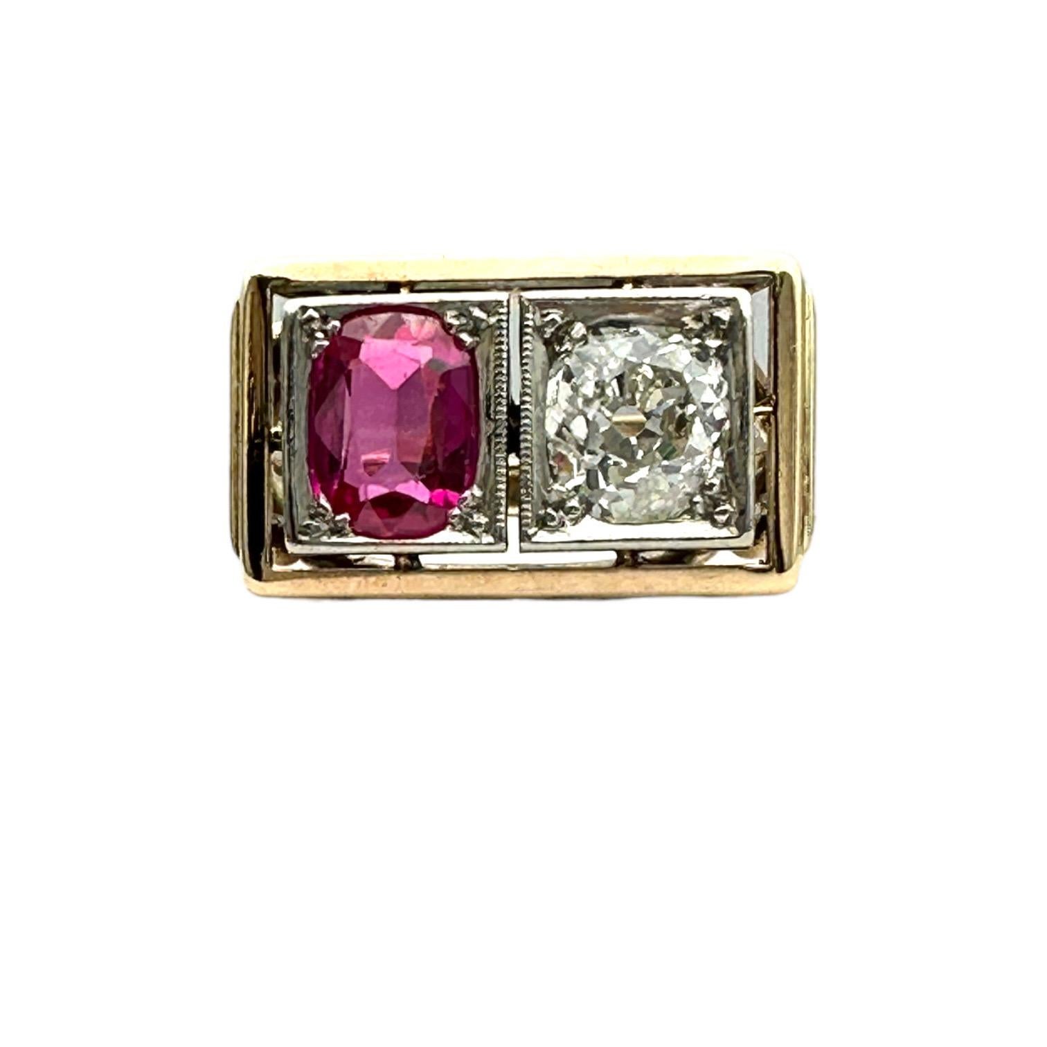 1800's Art Deco Old Miners Cut Diamond & Ruby 2.20 Carat Ring For Sale 5