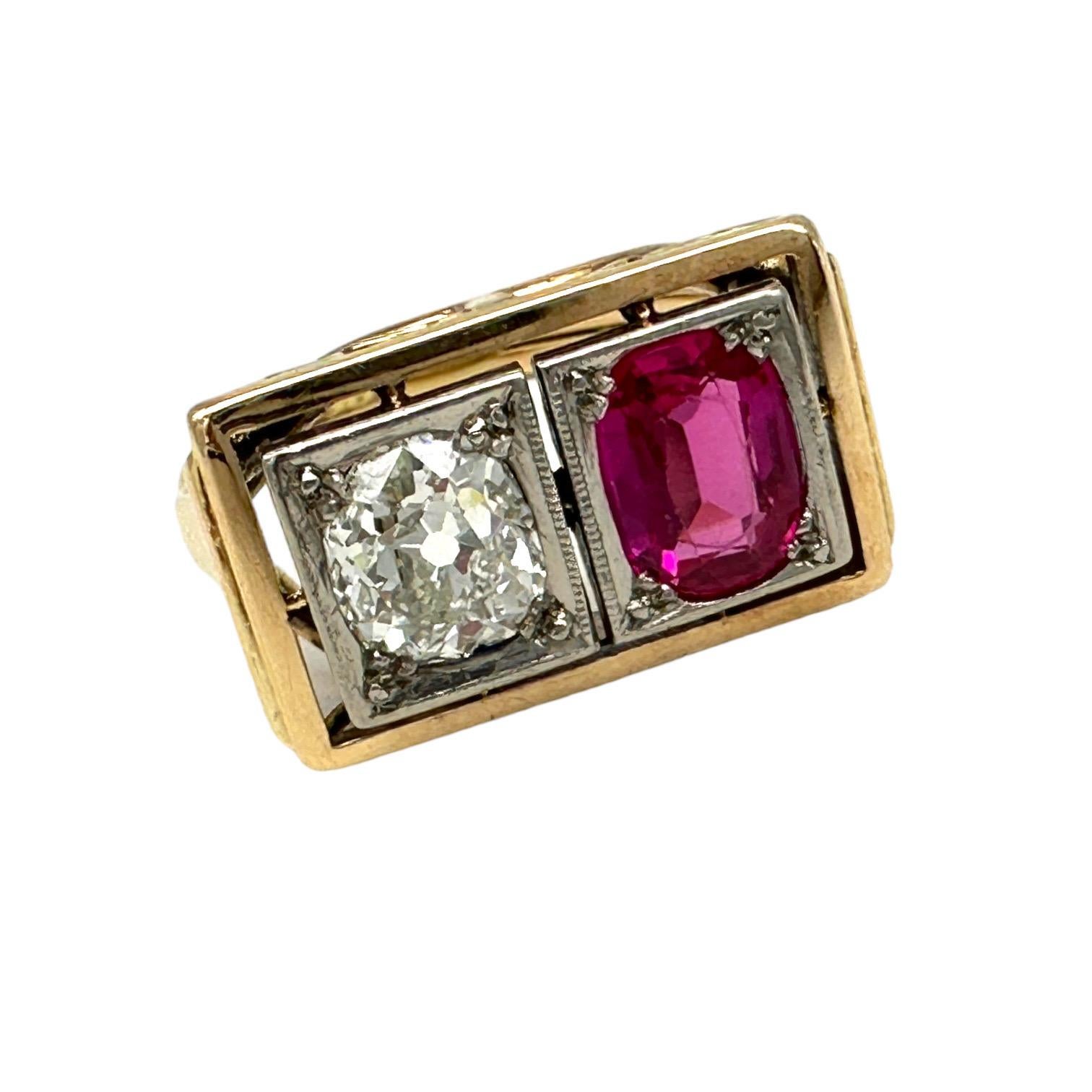 Old Mine Cut 1800's Art Deco Old Miners Cut Diamond & Ruby 2.20 Carat Ring For Sale