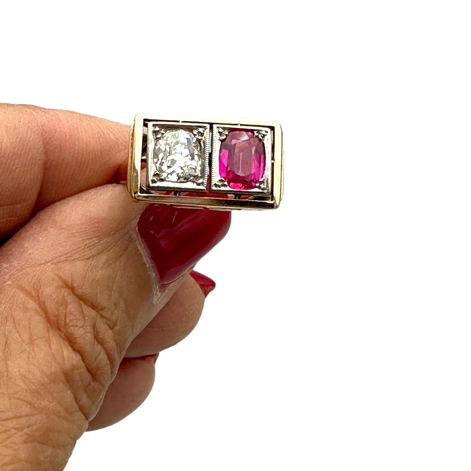 1800's Art Deco Old Miners Cut Diamond & Ruby 2.20 Carat Ring In Good Condition For Sale In Laguna Hills, CA