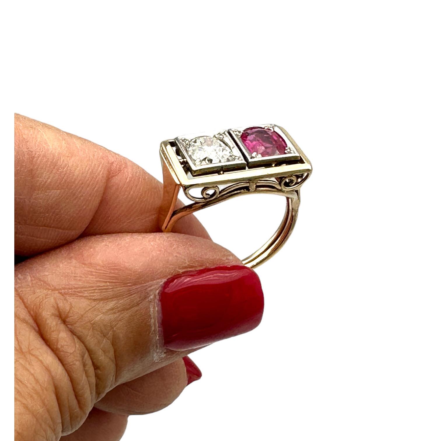 Women's or Men's 1800's Art Deco Old Miners Cut Diamond & Ruby 2.20 Carat Ring For Sale