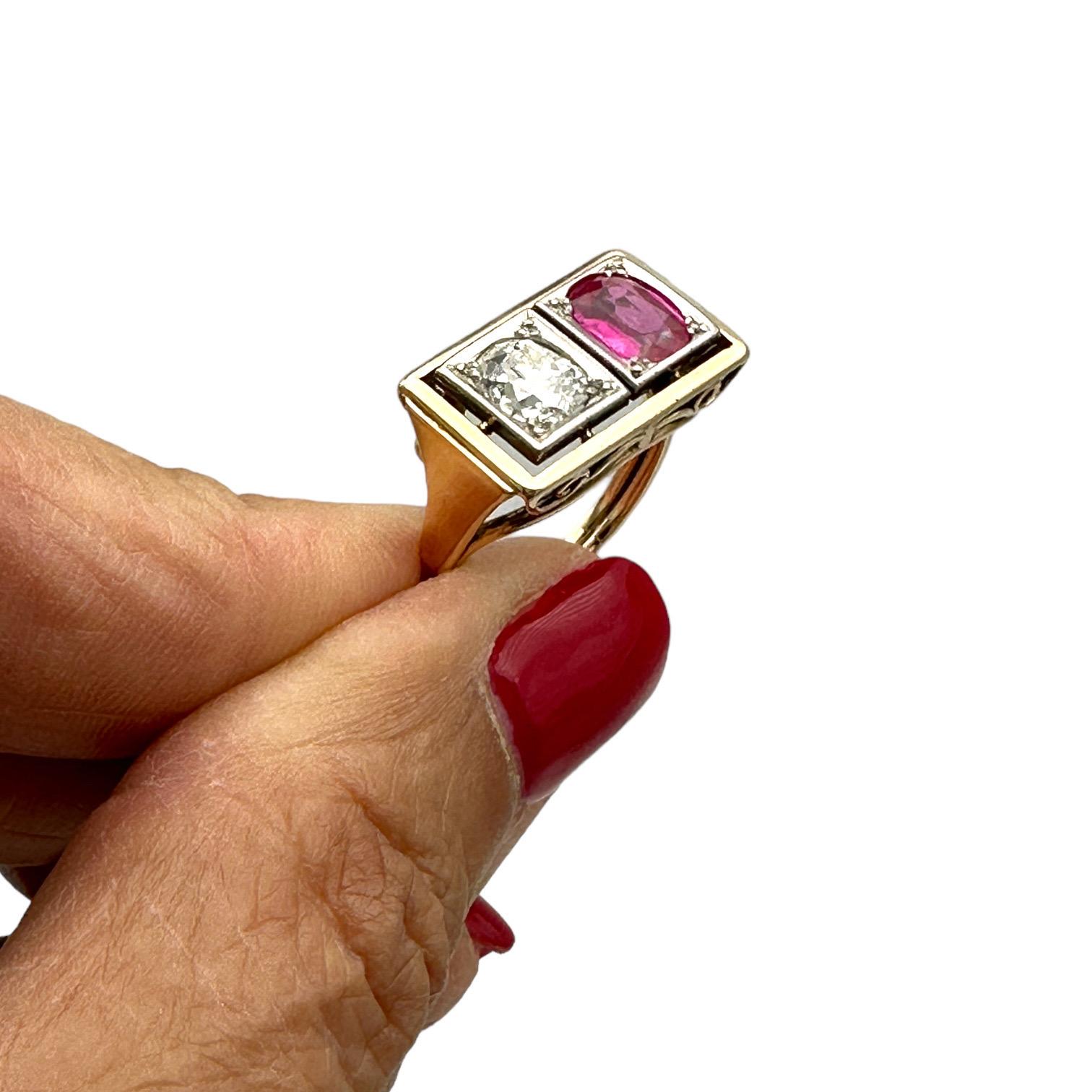 1800's Art Deco Old Miners Cut Diamond & Ruby 2.20 Carat Ring 2