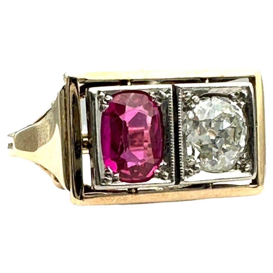 1800's Art Deco Old Miners Cut Diamond & Ruby 2.20 Carat Ring For Sale