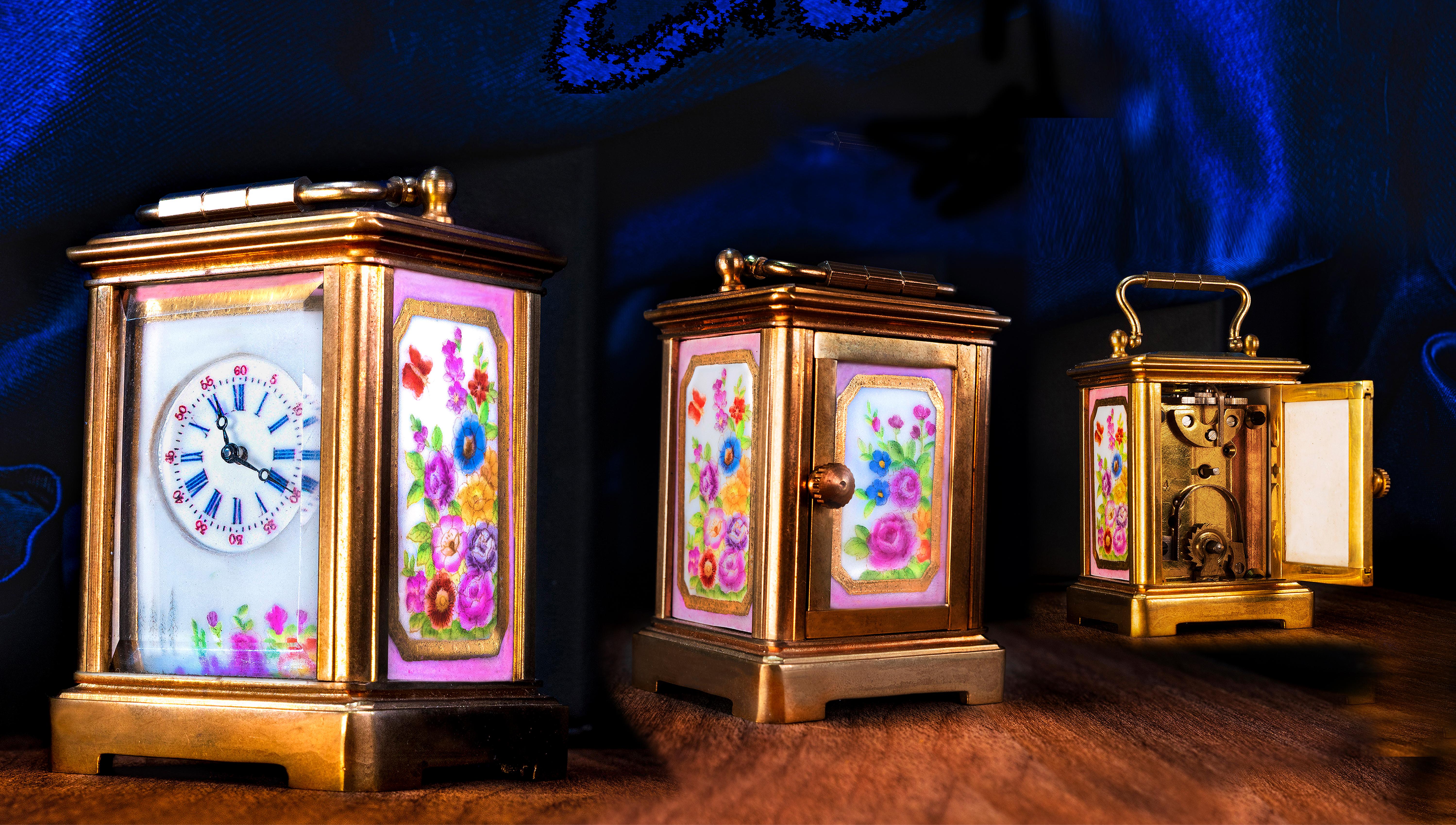 1800s Art Nouveau Miniature Ruby Flower Enamel Spring Bloom Tiffany Style Clock For Sale 5