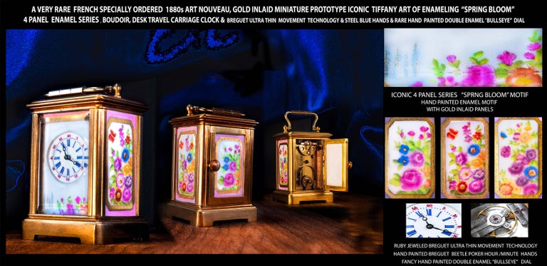 A Miniature Specially Designed Unique Art Nouveau 1800s French, Premier Butterfly & Flower “Spring Bloom” Enamel Tiffany Art of Enameling Style Full 4 Hand Painted Series Style Boudoir, Desk, Travel Carriage Clock designed with Breguet Ruby Jeweled