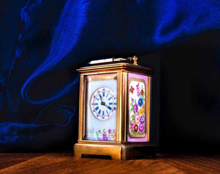 Women's or Men's 1800s Art Nouveau Miniature Ruby Flower Enamel Spring Bloom Tiffany Style Clock For Sale