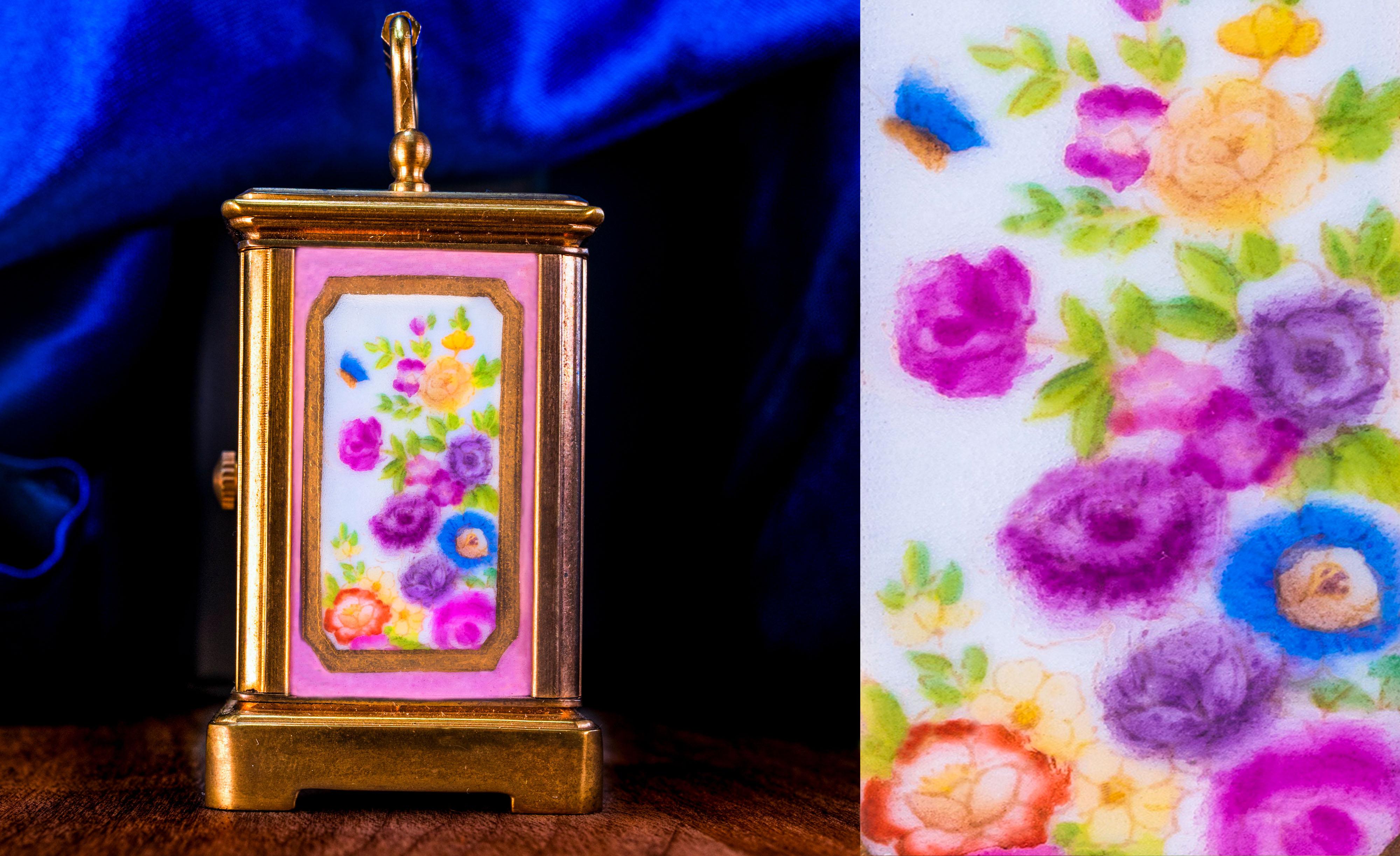 Round Cut 1800s Art Nouveau Miniature Ruby Flower Enamel Spring Bloom Tiffany Style Clock For Sale