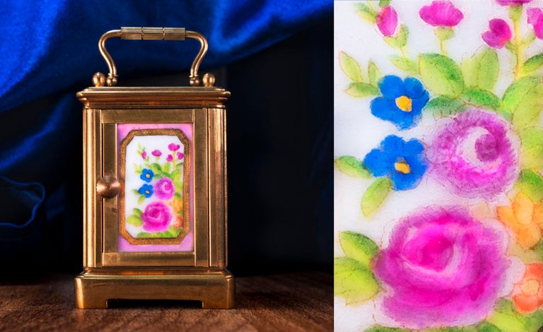 1800s Art Nouveau Miniature Ruby Flower Enamel Spring Bloom Tiffany Style Clock For Sale 2