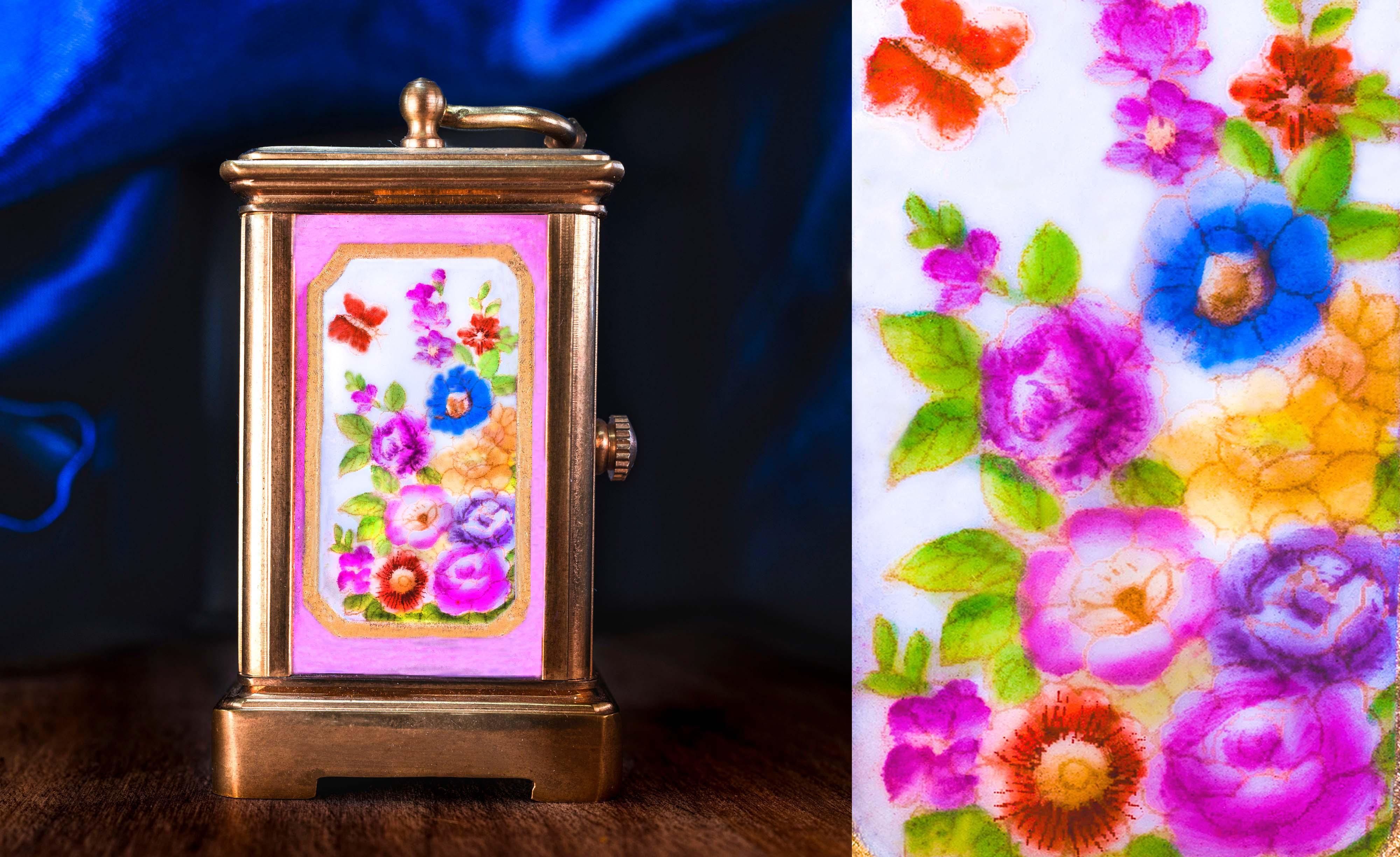 Women's or Men's 1800s Art Nouveau Miniature Ruby Flower Enamel Spring Bloom Tiffany Style Clock For Sale