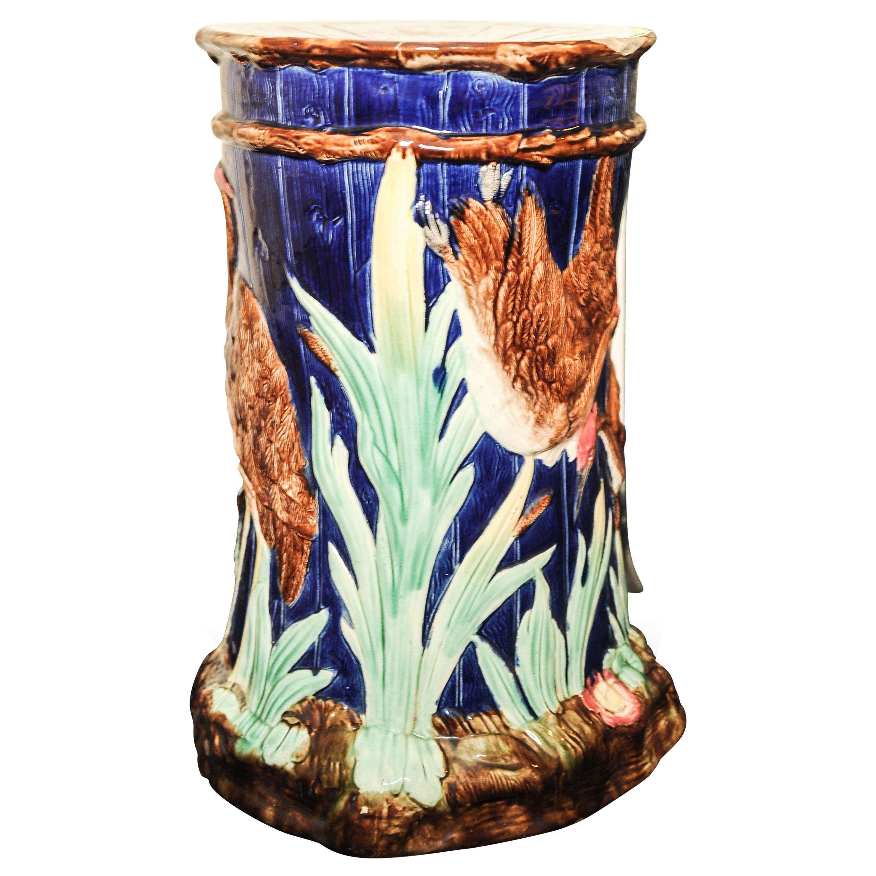 1800s Art Nouveau Thomas Forester Majolica Numidian Crane Ceramic Garden Stool For Sale