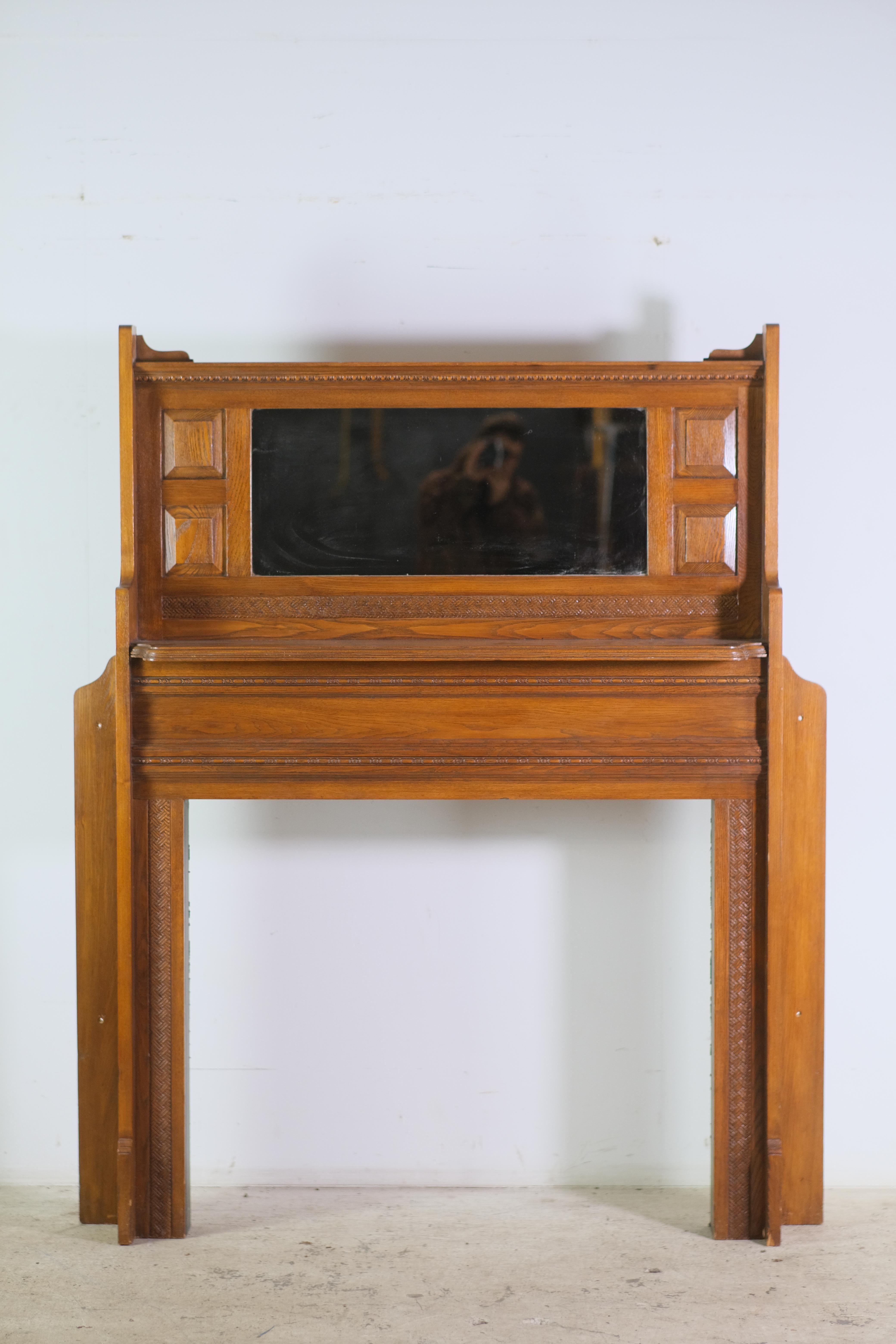 1800s Ash Fireplace Mantel w Mirror Basket Weave Pattern 6