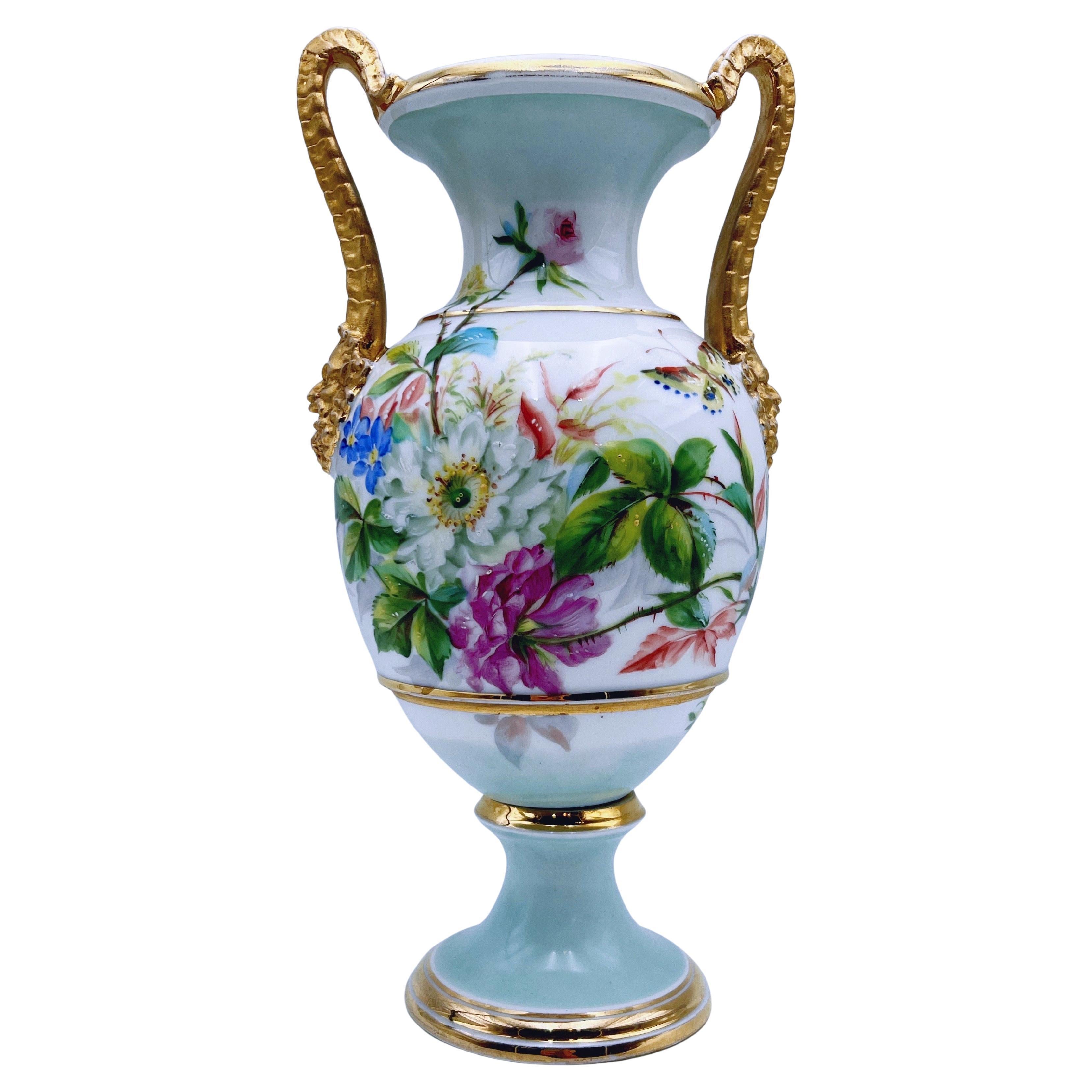 1800s B&G Two-handled Gilt Porcelain Urn, Finely Hand-painted Floral Pattern