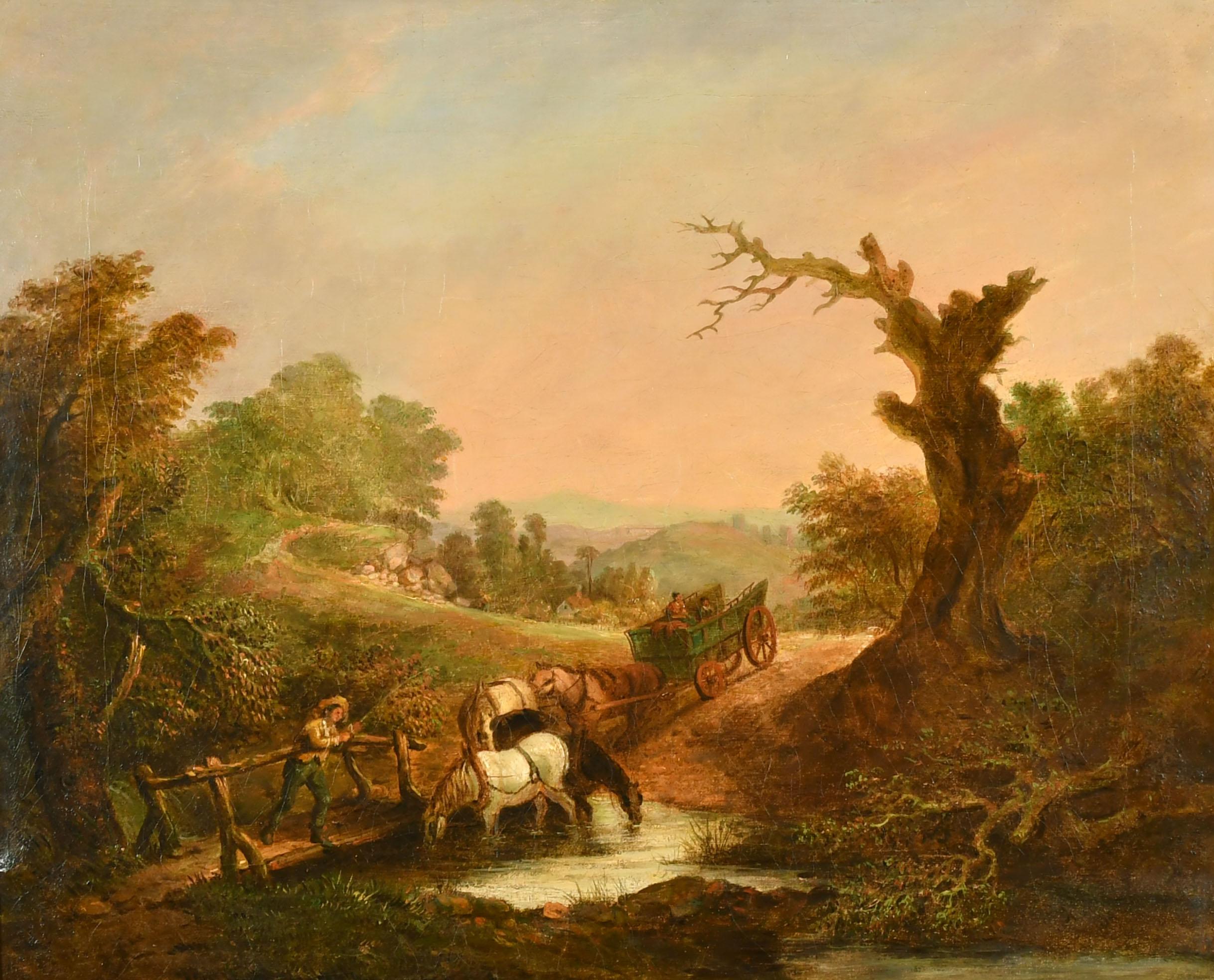 Frühes englisches romantisches Ölgemälde Bauern mit Pferd undwagen beim Überqueren des Flusses – Painting von 1800’s British Oil