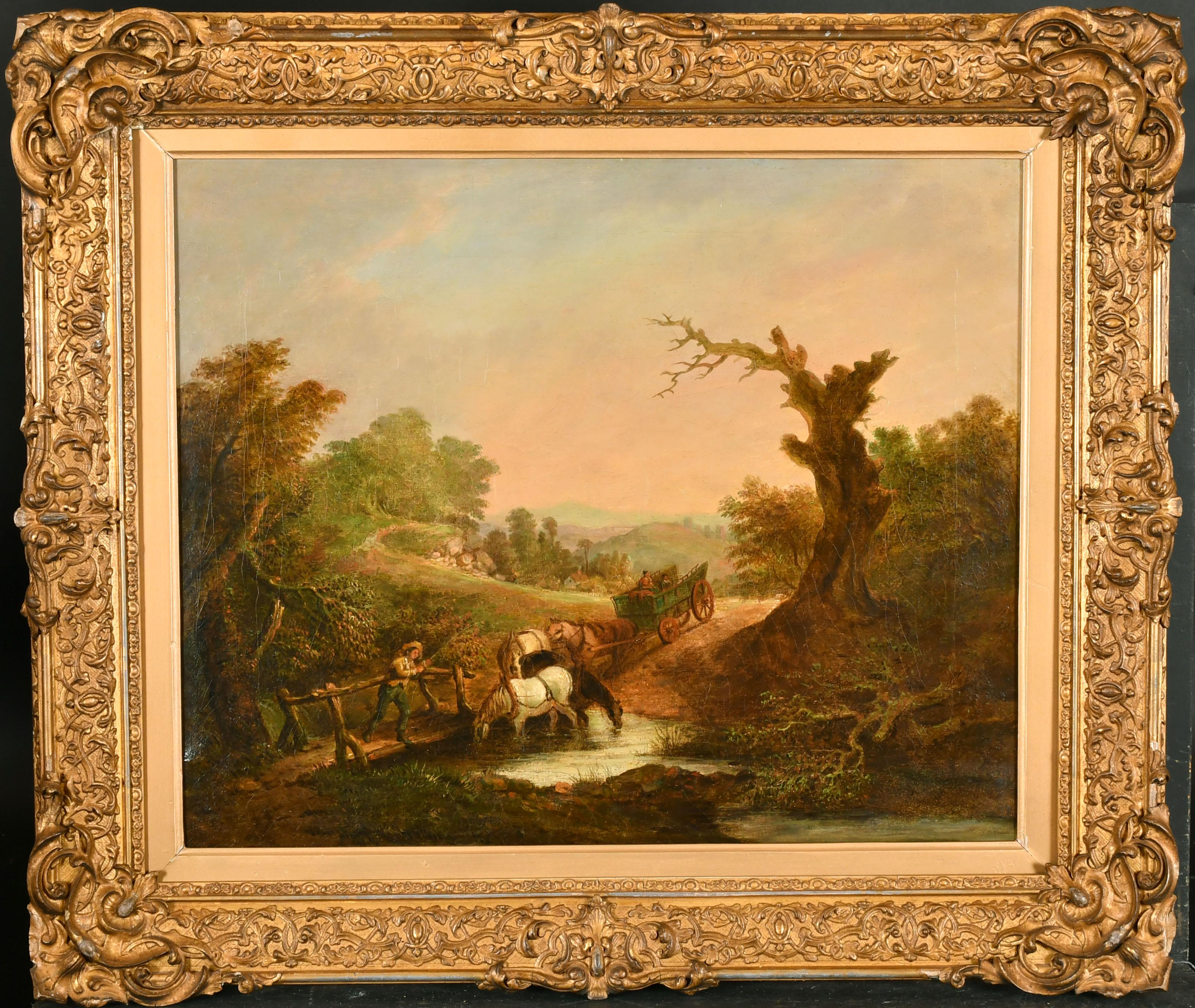 1800’s British Oil Landscape Painting – Frühes englisches romantisches Ölgemälde Bauern mit Pferd undwagen beim Überqueren des Flusses