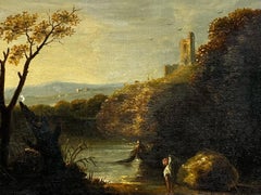 Figures in Far Reaching Landscape Antique British Oil Beautiful Gilt Frame