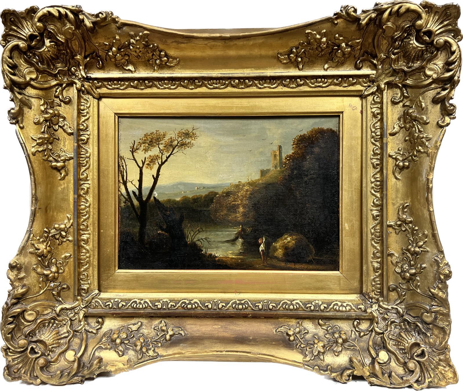 1800’s British Landscape Painting - Figures in Far Reaching Landscape Antique British Oil Beautiful Gilt Frame